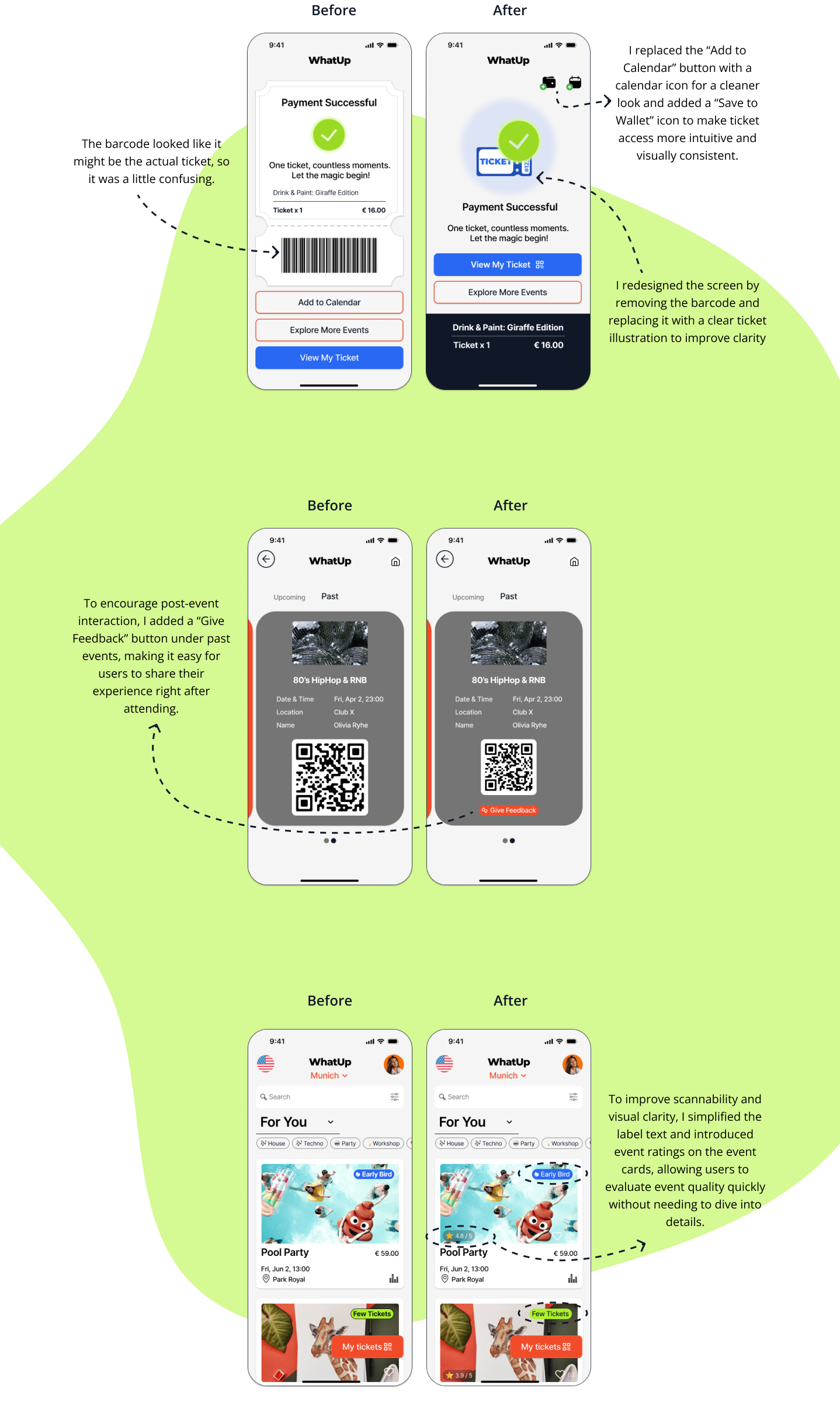 Before and after design comparison: early wireframe screens vs final high-fidelity WhatUp UI with refined visual hierarchy