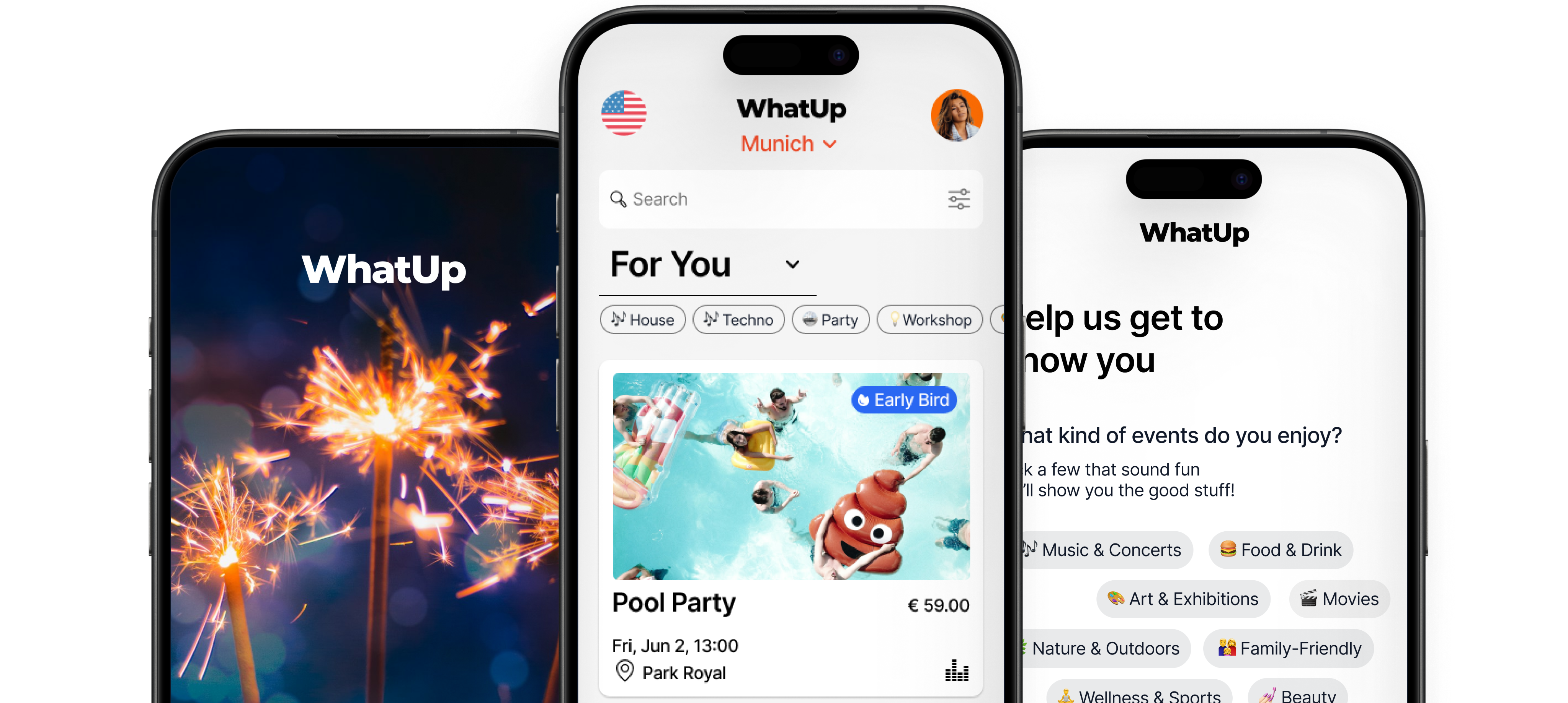 WhatUp high-fidelity mockups showing home screen with personalized event feed, category filters, and onboarding interest selection