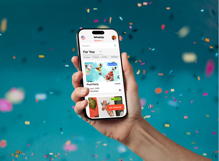 WhatUp mobile app mockup held in hand — end-to-end UX case study with 96% task success rate from 9 user interviews
