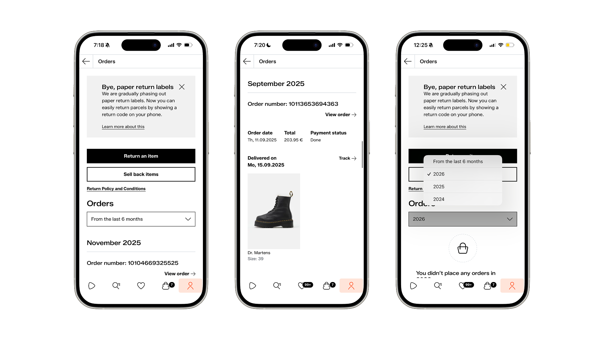 Screenshots of Zalando's existing order history page showing lack of search, limited filters, and unclear order status
