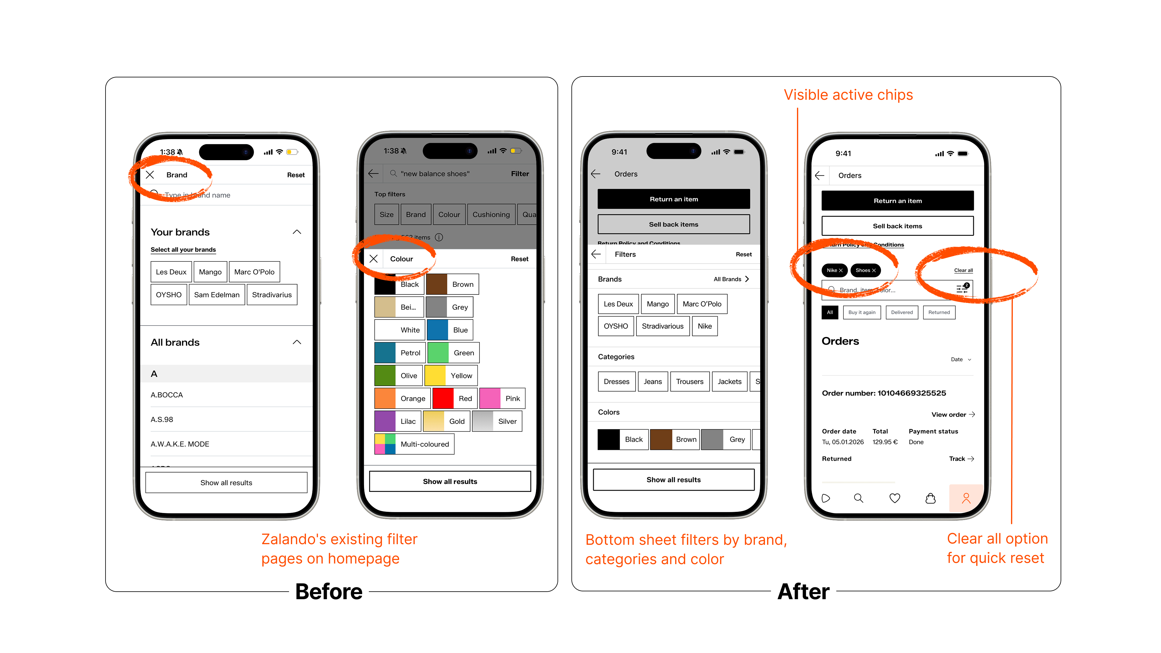 Before and after comparison of Zalando order history screens: original cluttered layout vs redesigned version with search bar, smart filters, and clear order status indicators