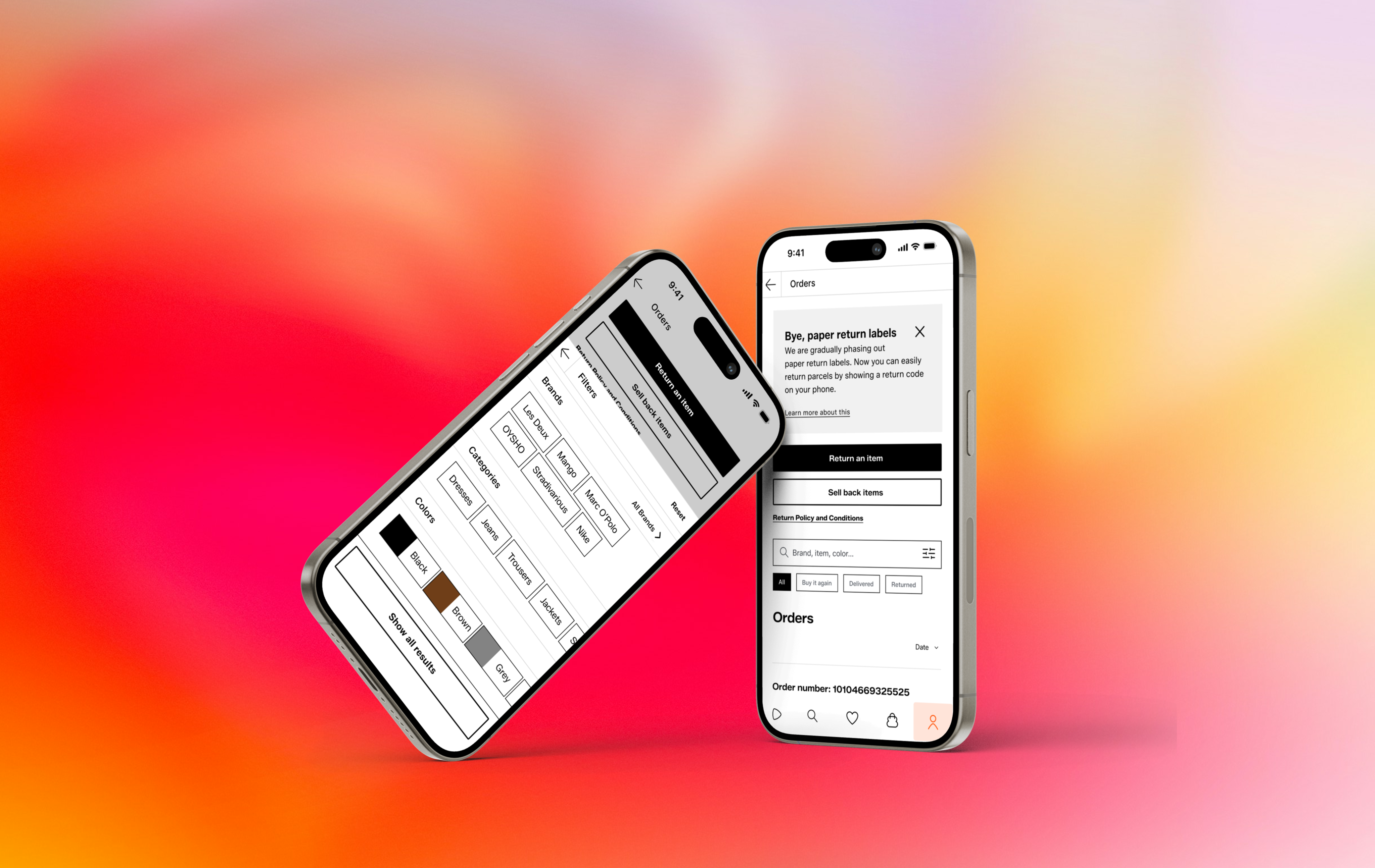 Zalando order history feature on two floating phone mockups — UX research-driven course project exploring new feature additions