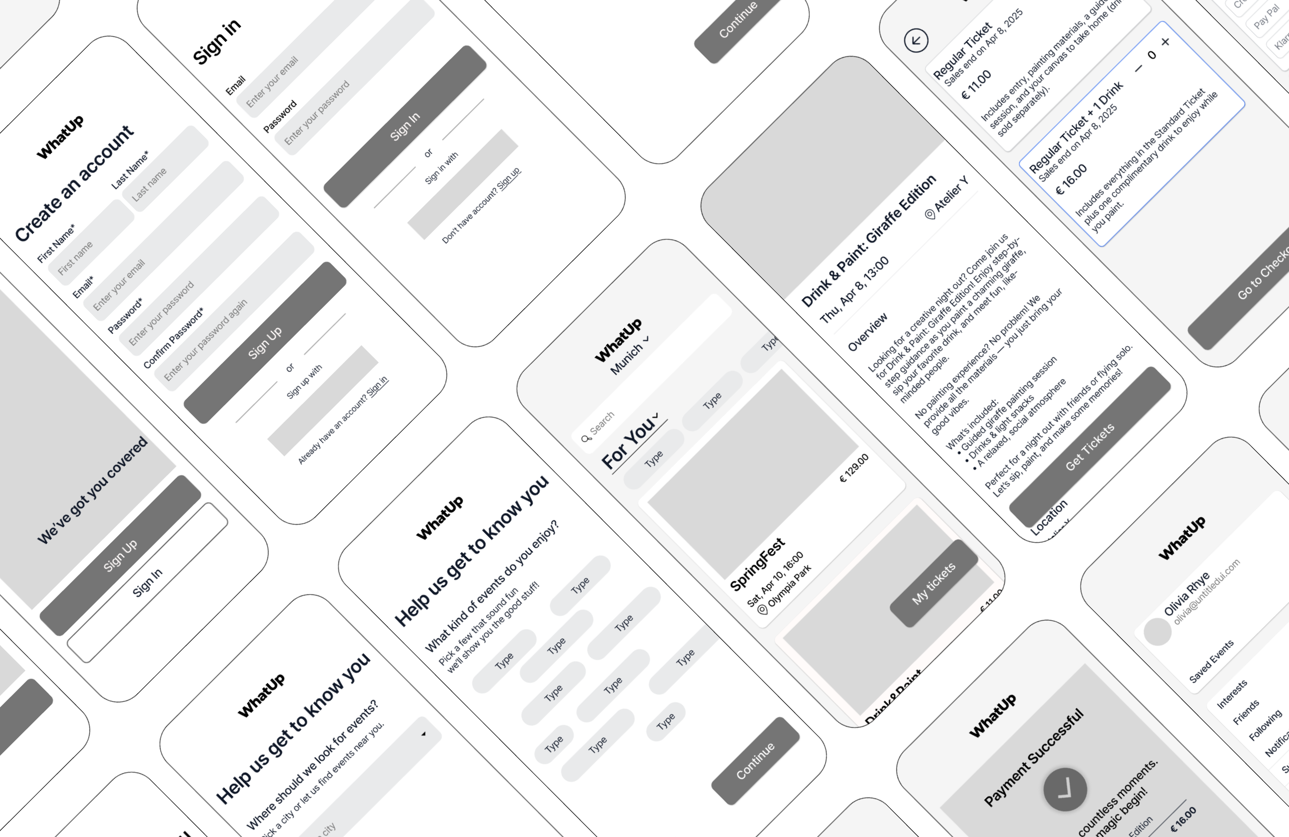 WhatUp low to mid-fidelity wireframes showing structural layout of onboarding, feed, and event detail screens