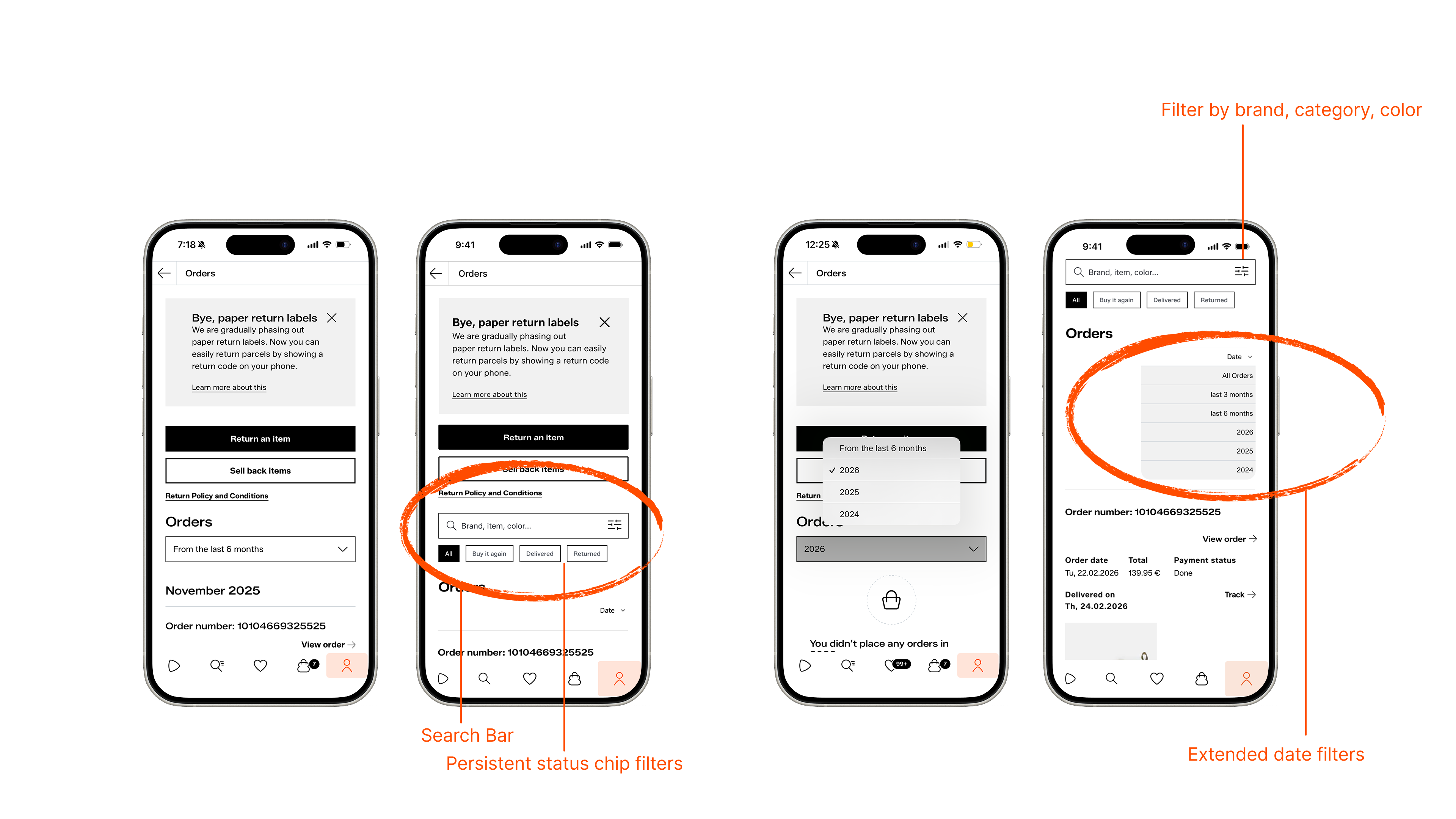 Before and after comparison of Zalando order history screens: original cluttered layout vs redesigned version with search bar, smart filters, and clear order status indicators
